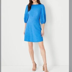 NWT Ann Taylor (6)- Floral Embroidered Linen Blend Flare Dress in Blue Isle